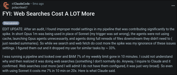 Post describing Claude Code consuming more usage when Opus ran websearch and ignored cache